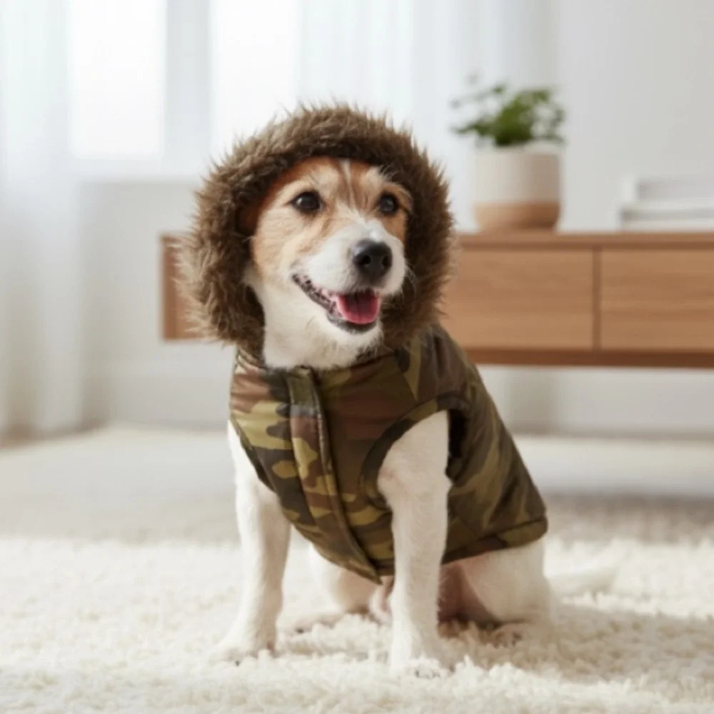 Simply Dog Vest, Camo, Faux Fur, Hoodie, Convertible, Snap back hood​​,Warmth
